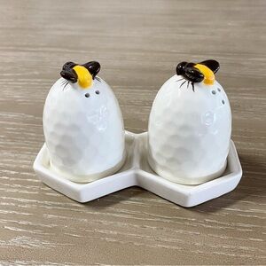 NEW White Ceramic Honeycomb Bee Salt & Pepper Shakers with Tray Hexagon Cream